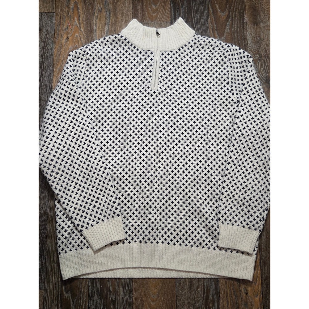 Long Wharf Supply Co Mens XXL Quarter Zip Sweater Cream Navy Birds Eye